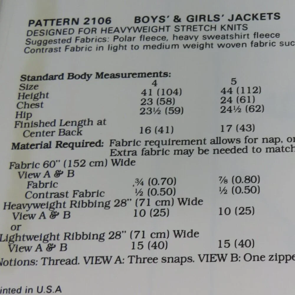 Kwik Sew 2106 Child Jacket/Coat UNCUT size 4-7 sewing pattern